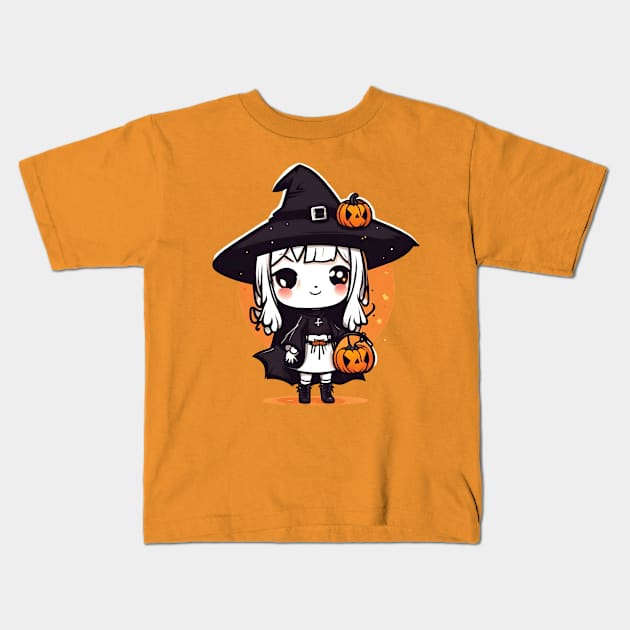 Witchcraft cute anime characters Chibi style with pumpkin Halloween Kids T-Shirt by Whisky1111